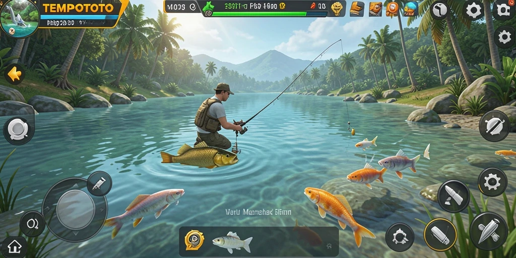 Tampilan gameplay TEMPOTOTO dengan pengalaman memancing yang mendebarkan.