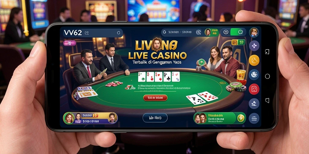 Screenshot gameplay Live Casino VV62 menampilkan dealer langsung dan permainan yang seru.