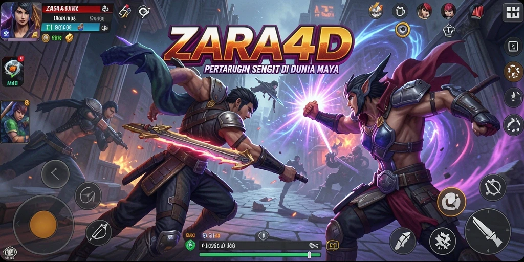 Screenshot utama ZARA4D menunjukkan pertarungan karakter yang intens.